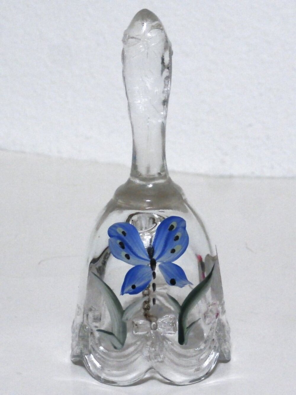 Vintage FENTON Glass BELL Clear Signed, Fenton Paper Sticker Painted Butterfly